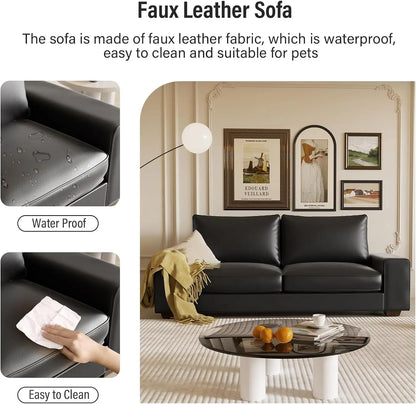 Faux Leather Loveseat with Wide Arm, Side Pockets, Solid Wooden Frame