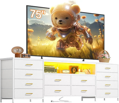 63" W Dresser/TV Stand LED Lights & Power Outlets & 12 Drawers Dresser