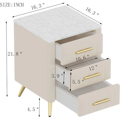 Nightstand with Drawers Set of 2, Upholstered Wood with Marbling Top