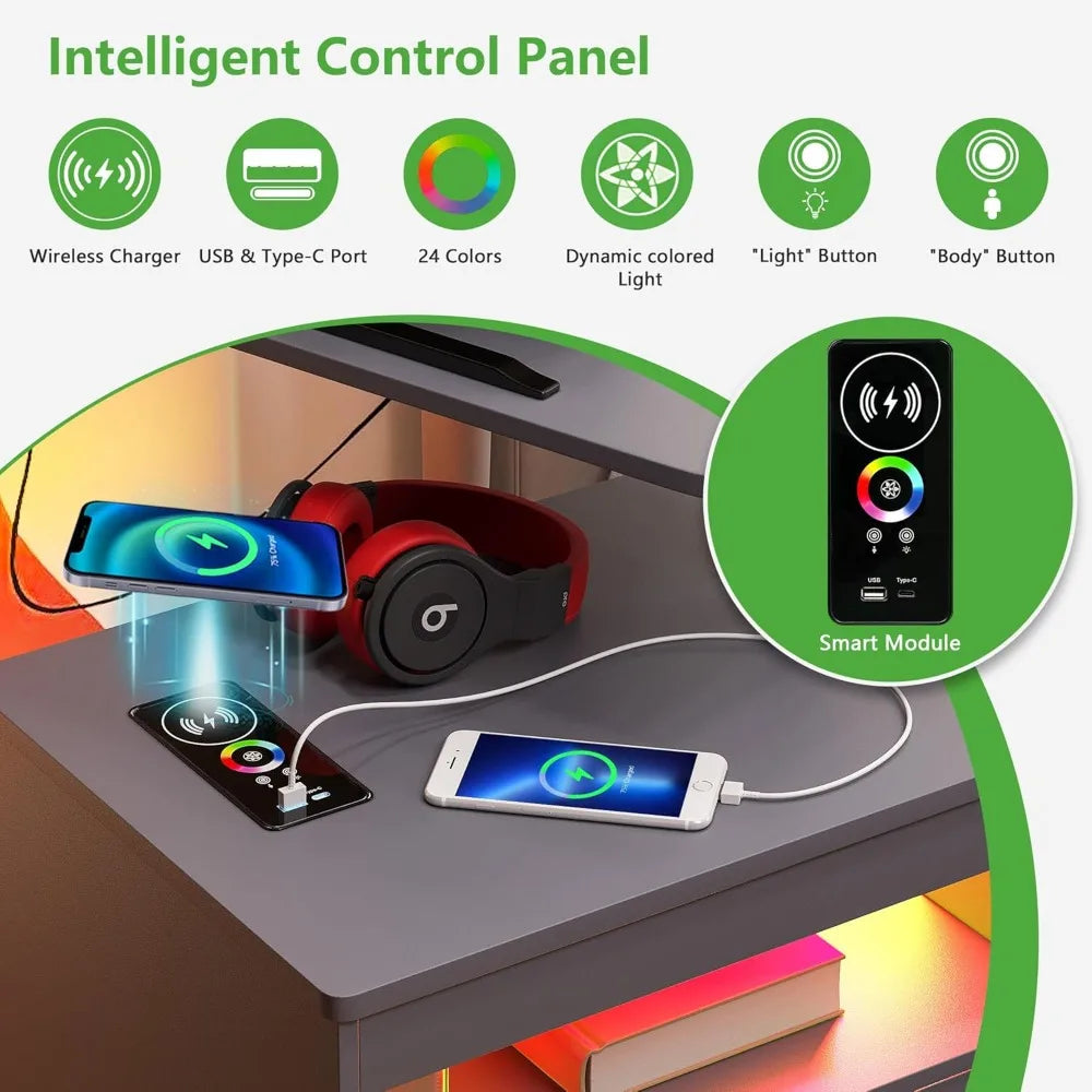 LED Nightstand Set of 2 with Wireless Charging Station, Smart Night Stand with Adjustable Rotary Table