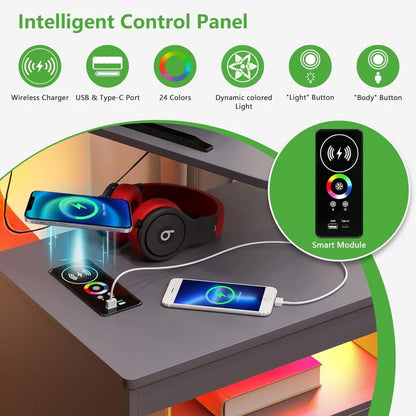 LED Nightstand Set of 2 with Wireless Charging Station, Smart Night Stand with Adjustable Rotary Table