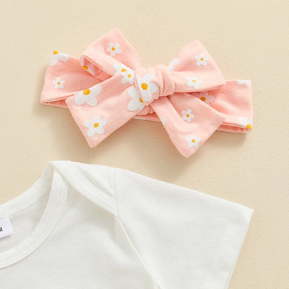 3Pcs  0-18 mo Baby Girl Outfit,  Daddy’s Girl, Short Sleeve Romper, Flower Ruffle Shorts, Headband