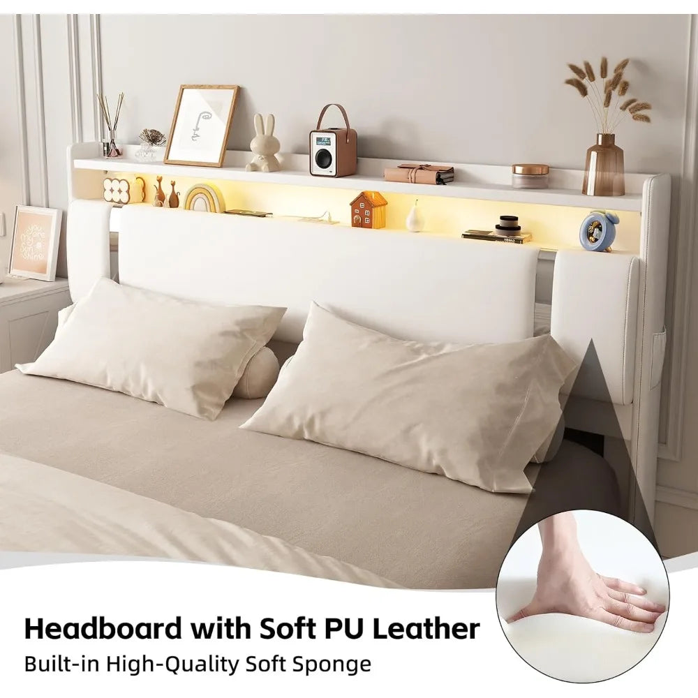 Floating Bed Frame with LED Light and Charging Station, Storage Headboard