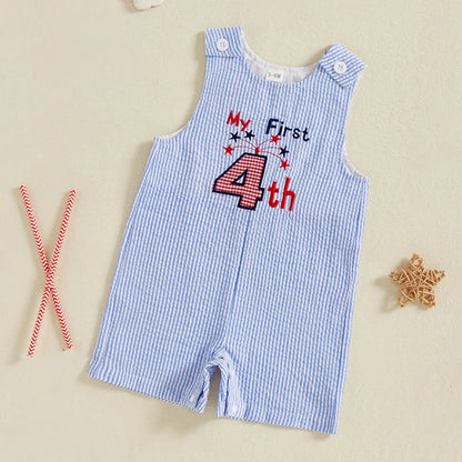 0-24 mo. Baby Boy 4th of July Romper, Star Letter Striped Sleeveless Overall Bodysuit