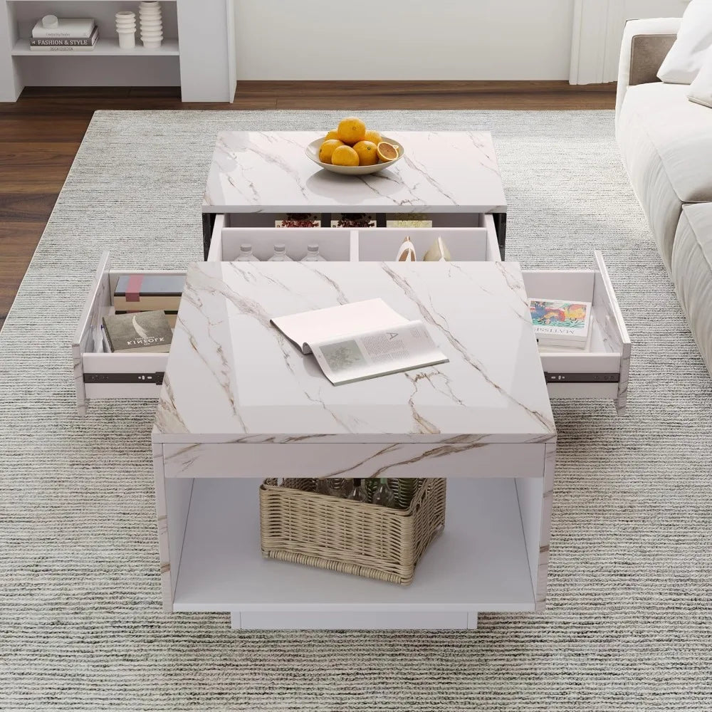 LED Coffee Table, 43" UV High Gloss Table with 2 Drawers & Hidden Storage Compartment & Open Compartments