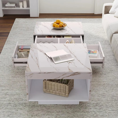 LED Coffee Table, 43" UV High Gloss Table with 2 Drawers & Hidden Storage Compartment & Open Compartments