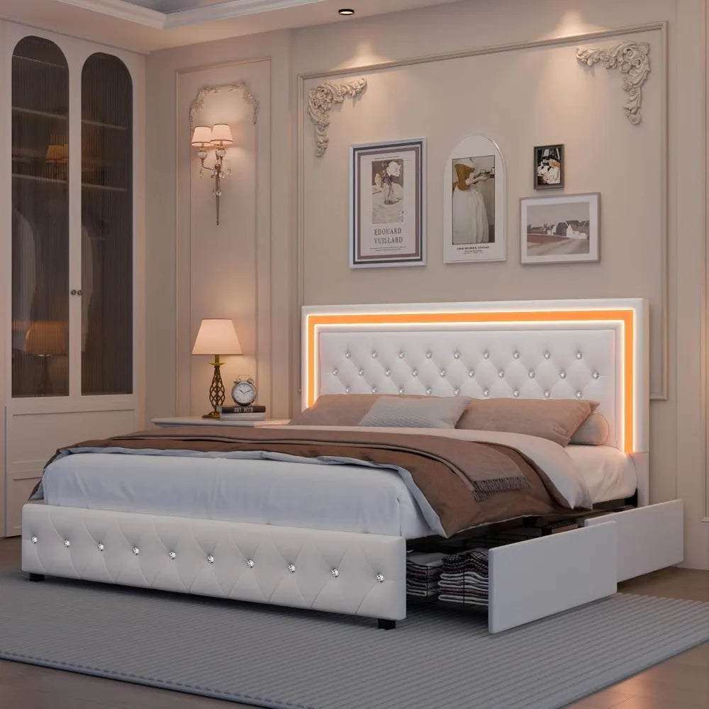 LED Upholstered Bed Frame with 4 Drawers | Adjustable Diamond Headboard • Wooden Slats • No Box Spring needed