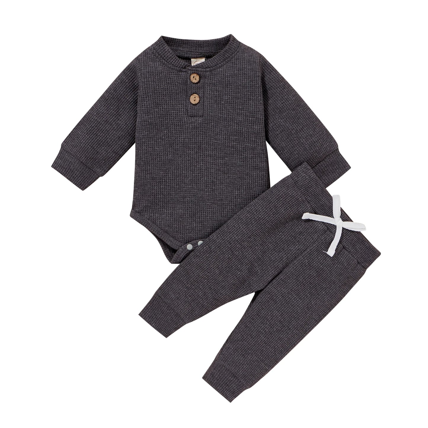 0-24Months Spring Solid Toddler/Baby Waffle Plaid Outfits Long Sleeve Romper + Casual Pants Set