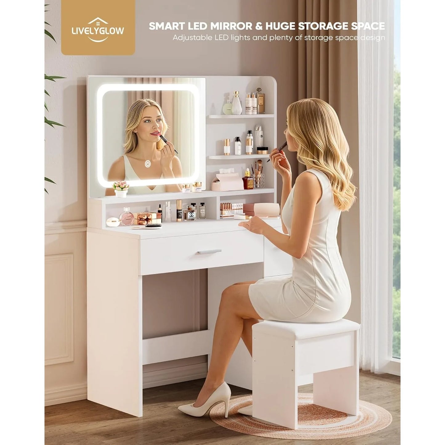 Makeup Vanity  35.4'Wx15.7'Dx53.9'H (Smart LED Mirror, Open Shelves, with Cushion Stool, 4 Drawers, Hairdryer Rack,