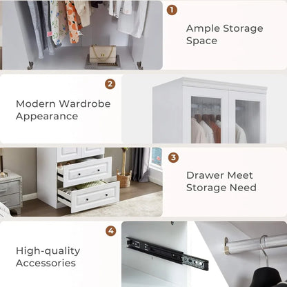 2 Acrylic Doors Wooden Armoires with Hanging Rod, 2 Large Drawers