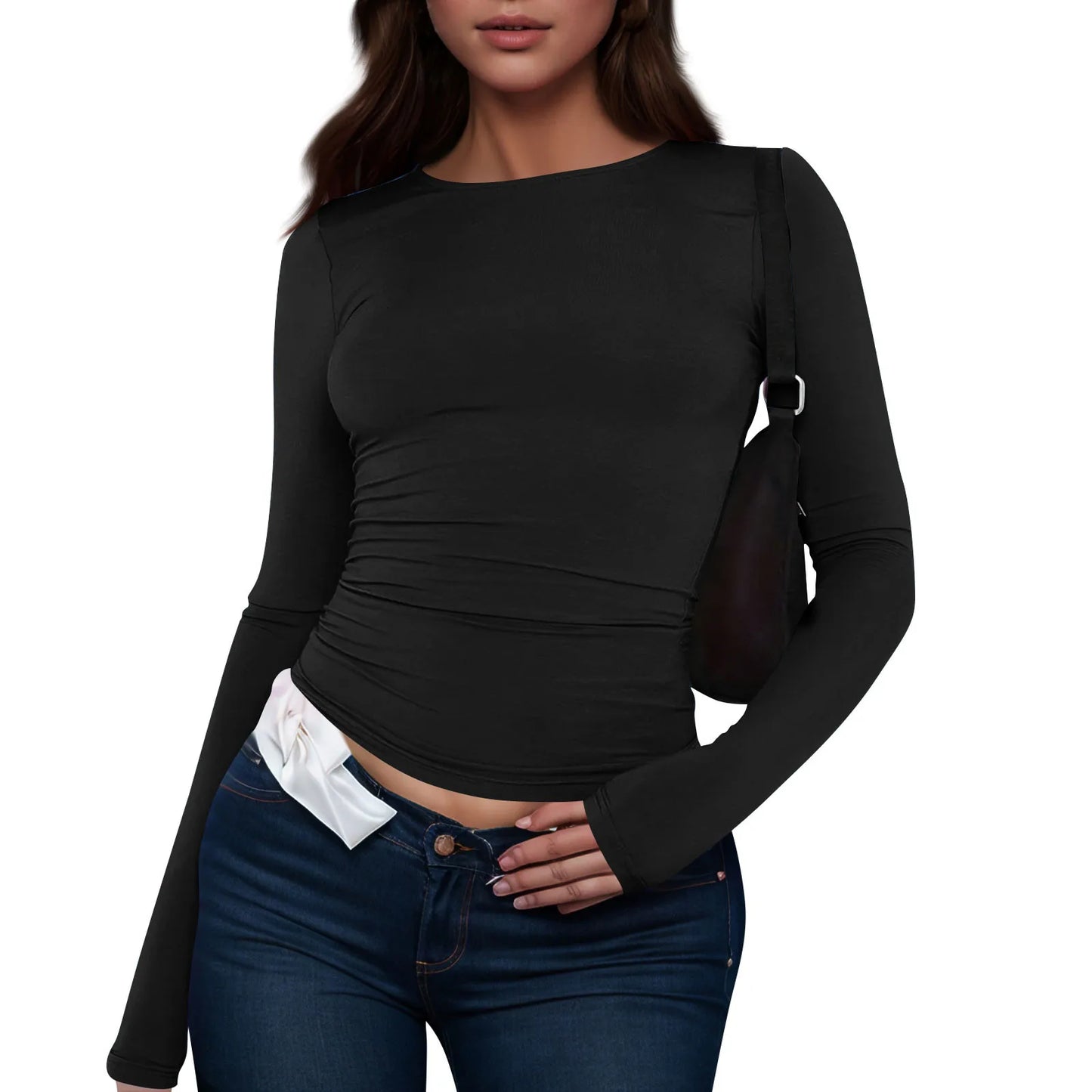 Cotton O Neck Long Sleeve Sexy Cropped Tops