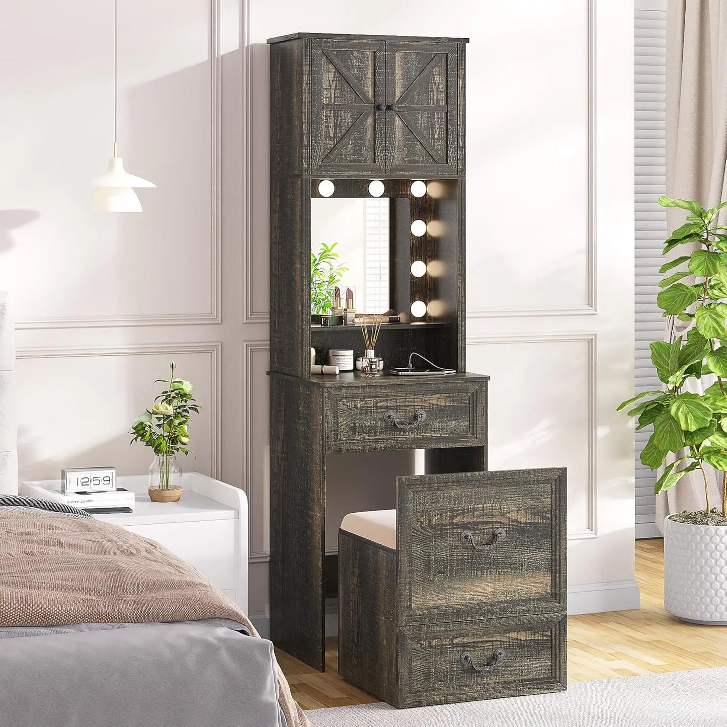 Compact Vanity with Mirror and Lights w/Storage Drawers & Shelves