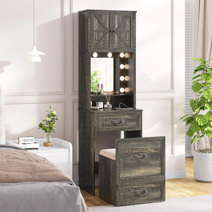 Compact Vanity with Mirror and Lights w/Storage Drawers & Shelves