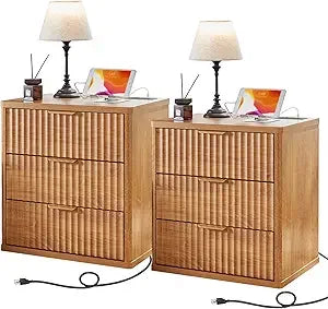 Set of 2, 23" Wide Night Stand with Charging Station, 3 Drawers w/Metal Handle
