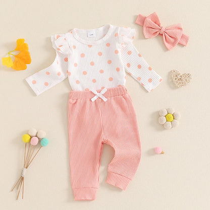 0-18M Baby Girls Fall Outfit, Long Sleeve Dots Print Romper with Pants and Bowknot Headband Clothing Set