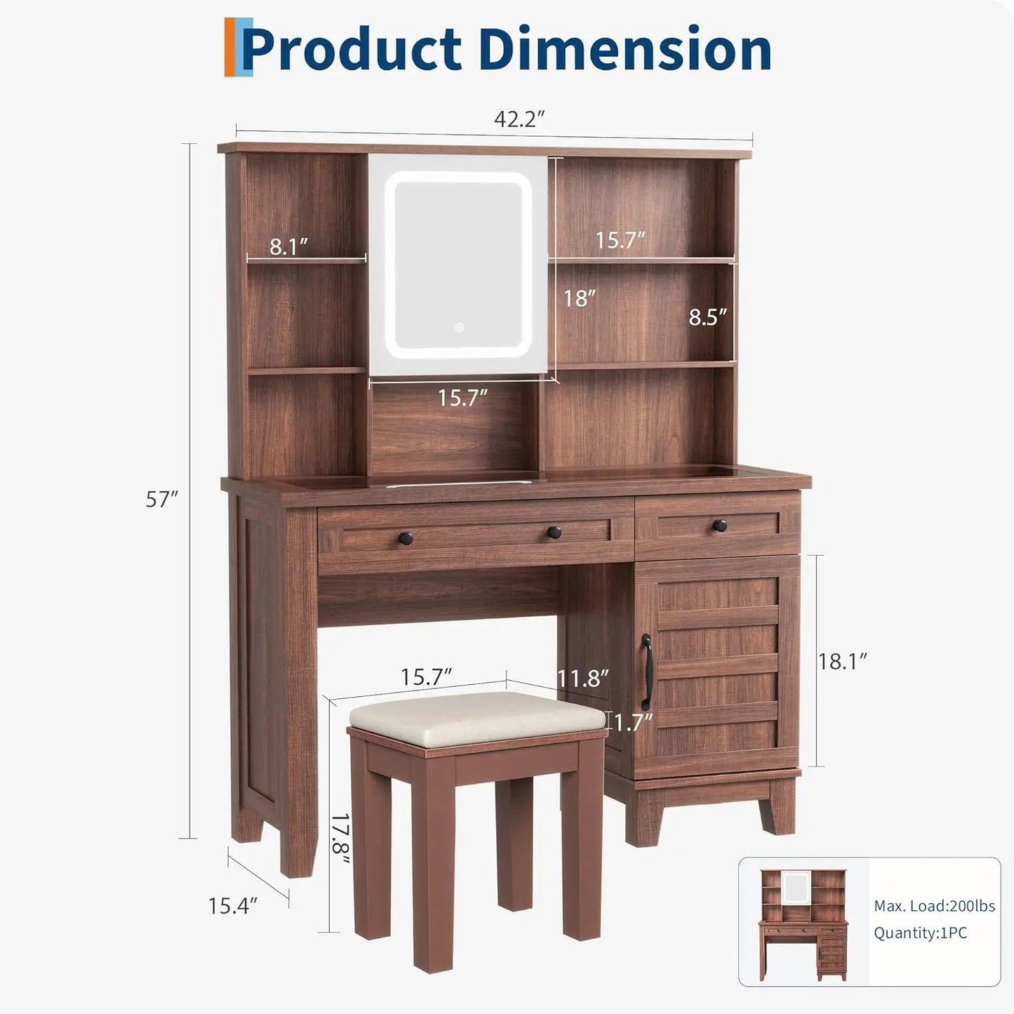 Makeup Table Set with Drawers, Upholstered Stool