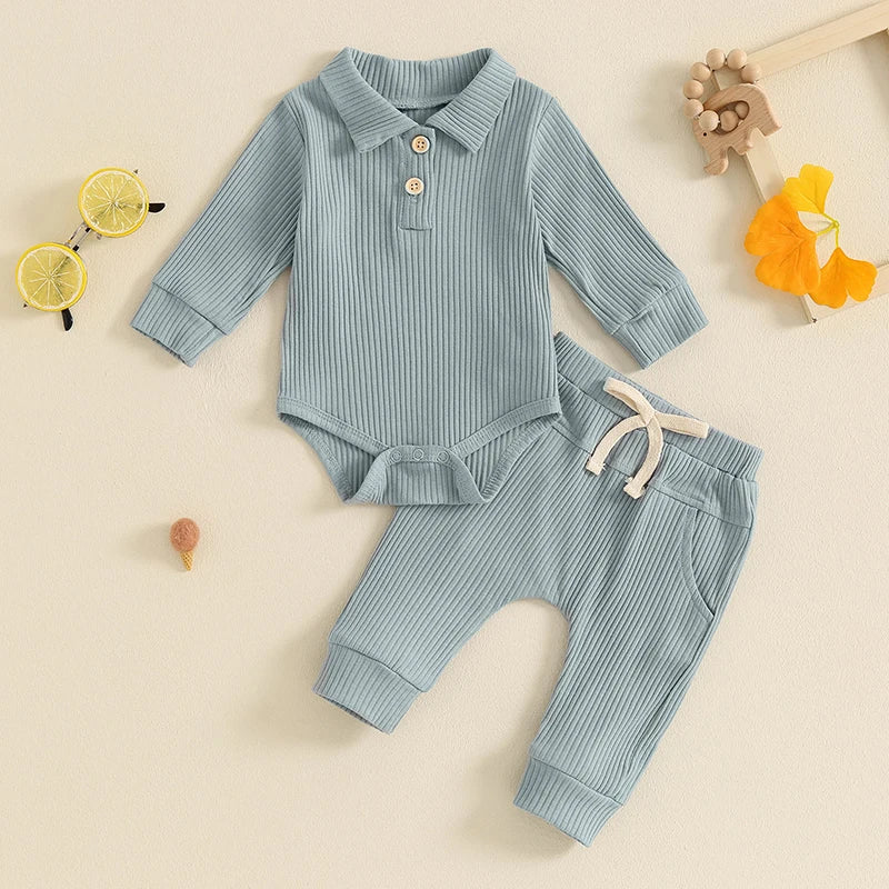 Autumn Infant Baby Boys Ribbed Set, Button Long Sleeve Romper, Drawstring Pocket Trousers