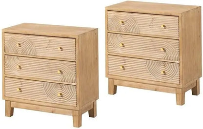 Set of 2 3-Drawer Fully Assembled Nightstands with Handicraft Wood Ring Motif