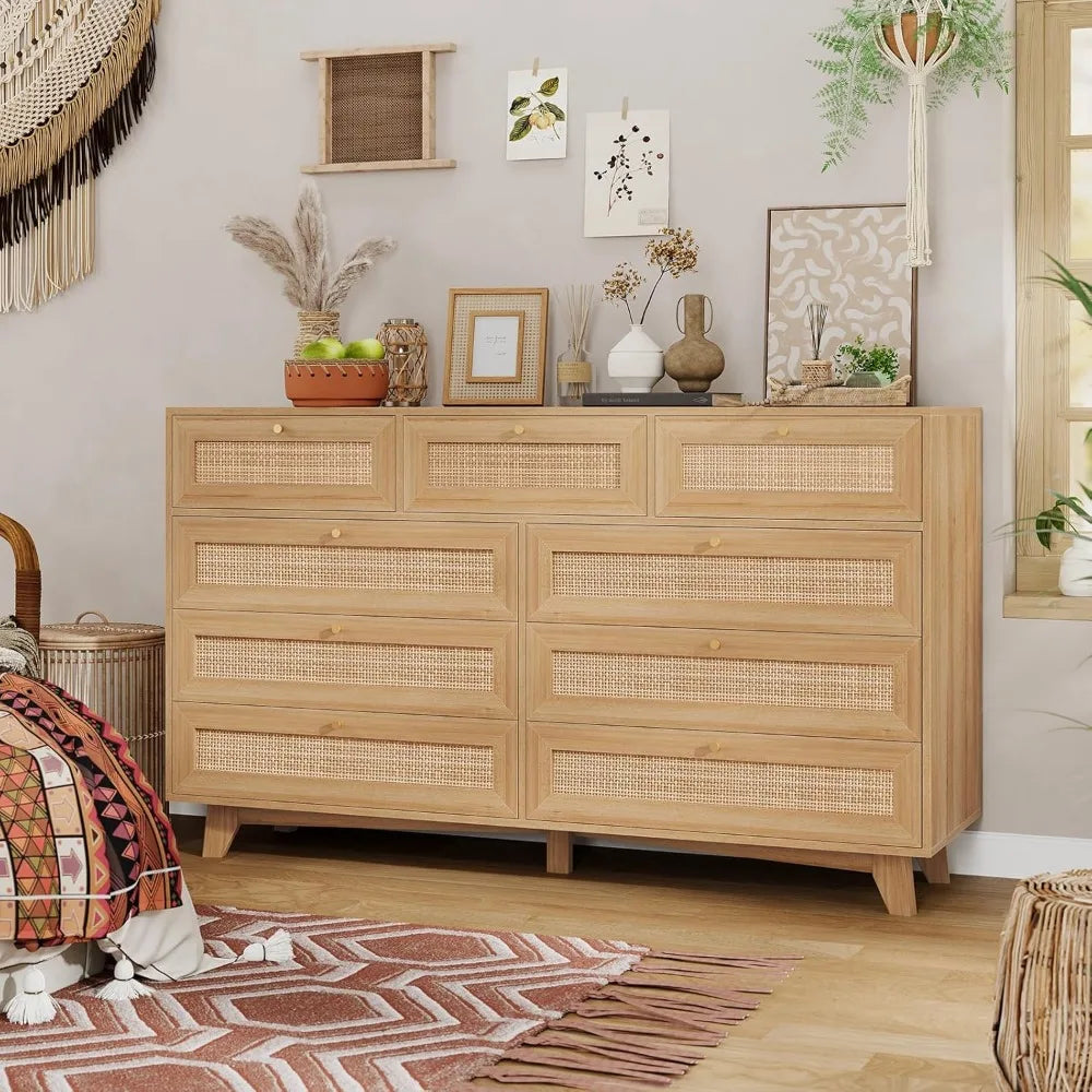 9 Drawer Dresser with Natural Rattan Drawers