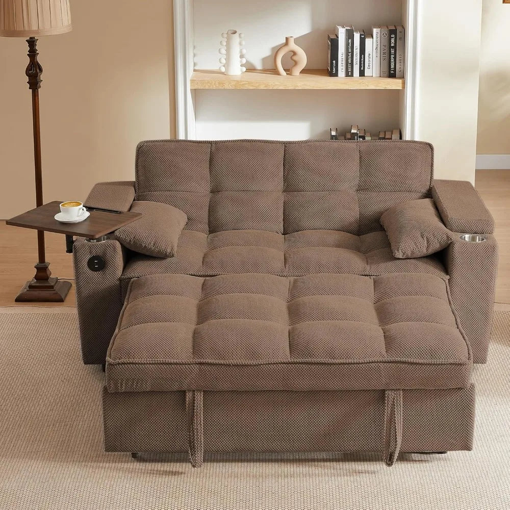 65'' 3-in-1 Queen Size Pullout Sofa, Modern Chenille Fabric, 360° Swivel Side Table