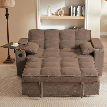 65'' 3-in-1 Queen Size Pullout Sofa, Modern Chenille Fabric, 360° Swivel Side Table