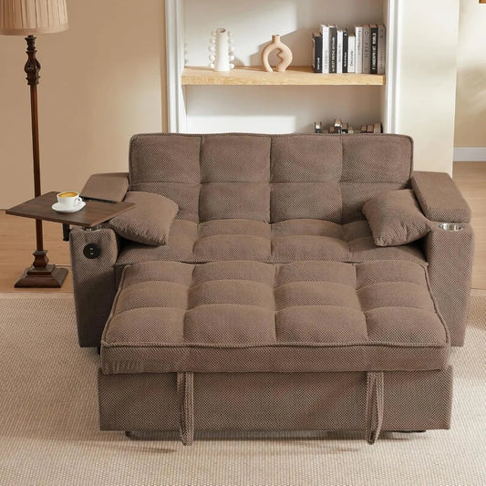 65'' 3-in-1 Queen Size Pullout Sofa, Modern Chenille Fabric, 360° Swivel Side Table