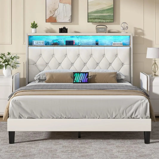 Velvet Upholstered Platform Bed with Storage Headboard and Charging Station, LED Lights