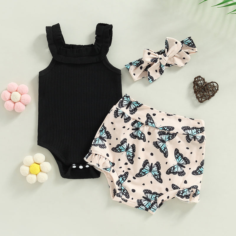 3-18M Baby Girls Shorts Set, Sleeveless Romper, Flower/Rainbow/Print Shorts, Hairband
