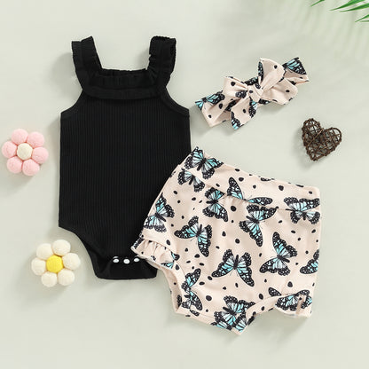 3-18M Baby Girls Shorts Set, Sleeveless Romper, Flower/Rainbow/Print Shorts, Hairband