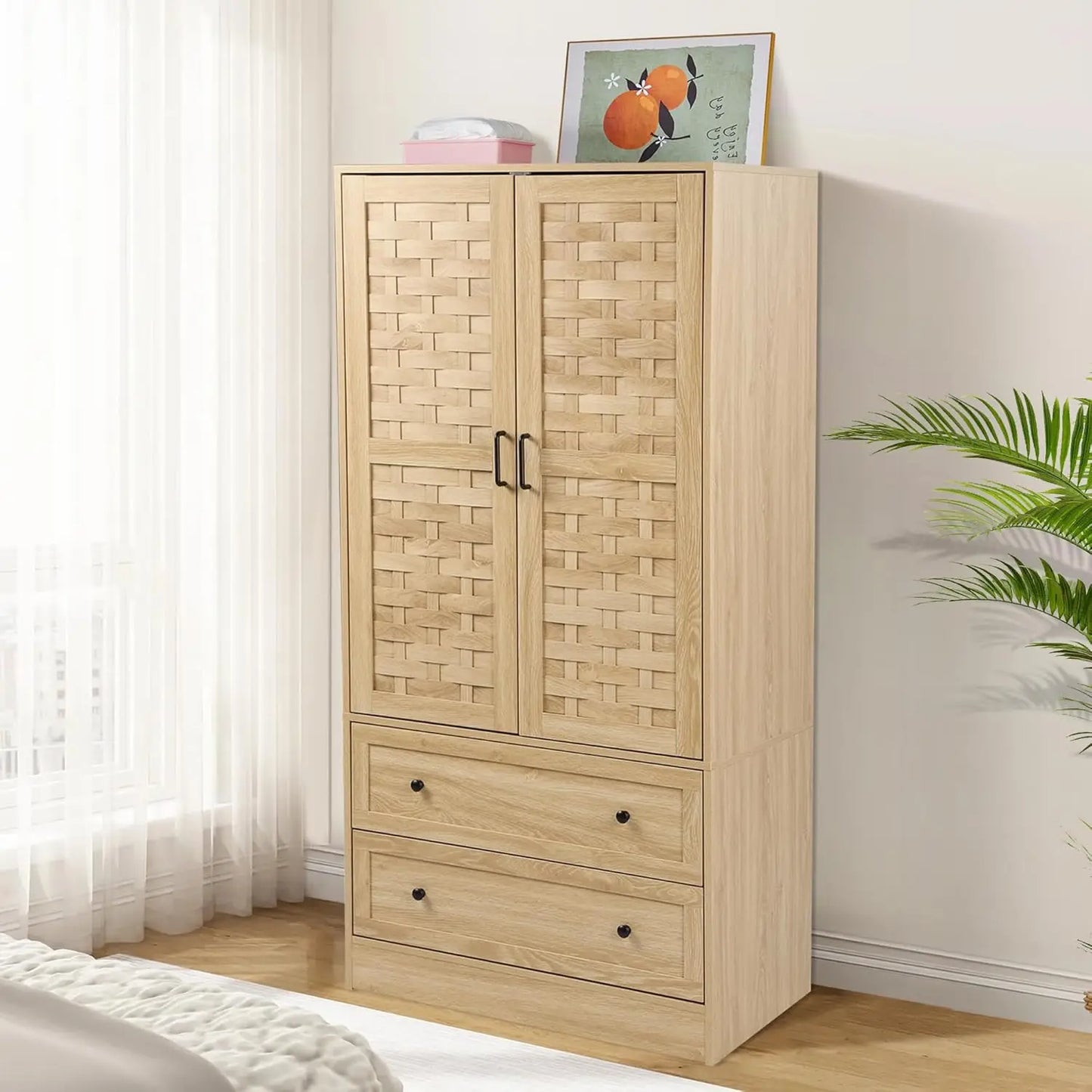 Armoire Wardrobe Closet with 2 Woven Doors, Wardrobe Cabinet with 2 Storage Drawers