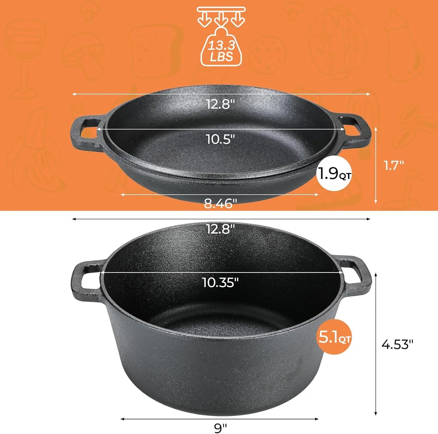 Pre-Seasoned Cast Iron Double Dutch Oven With Loop Handles, 5.1 Quart Pot
