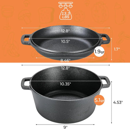 Pre-Seasoned Cast Iron Double Dutch Oven With Loop Handles, 5.1 Quart Pot