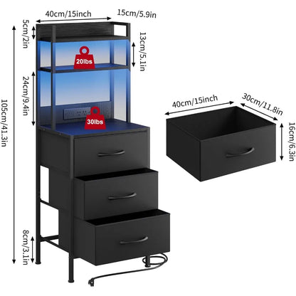 LED side table with U-S-B ports and sockets for charging piles, 3 drawers