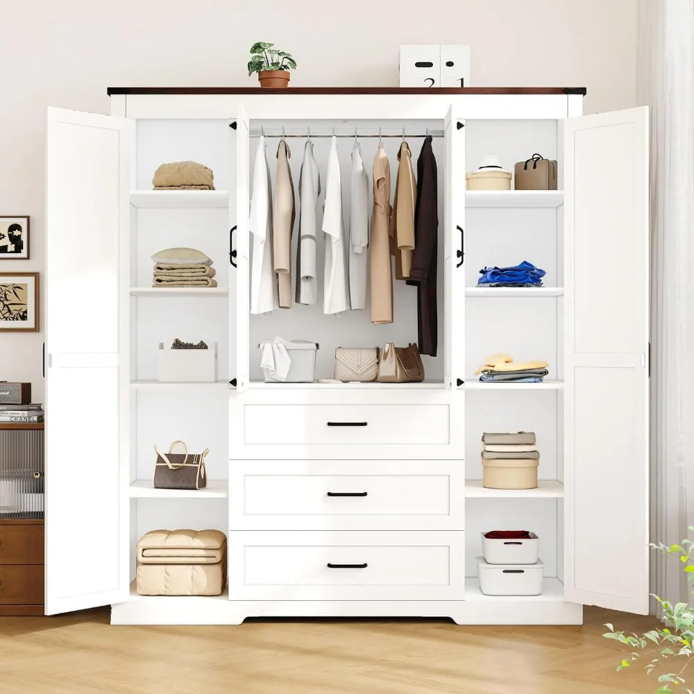 4 Door Armoire with 3 Drawers, Hanging Rod and Adjustable Shelves