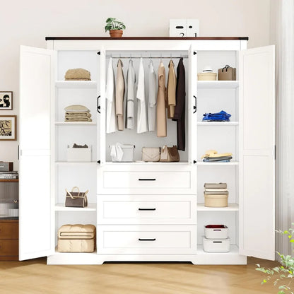 4 Door Armoire with 3 Drawers, Hanging Rod and Adjustable Shelves