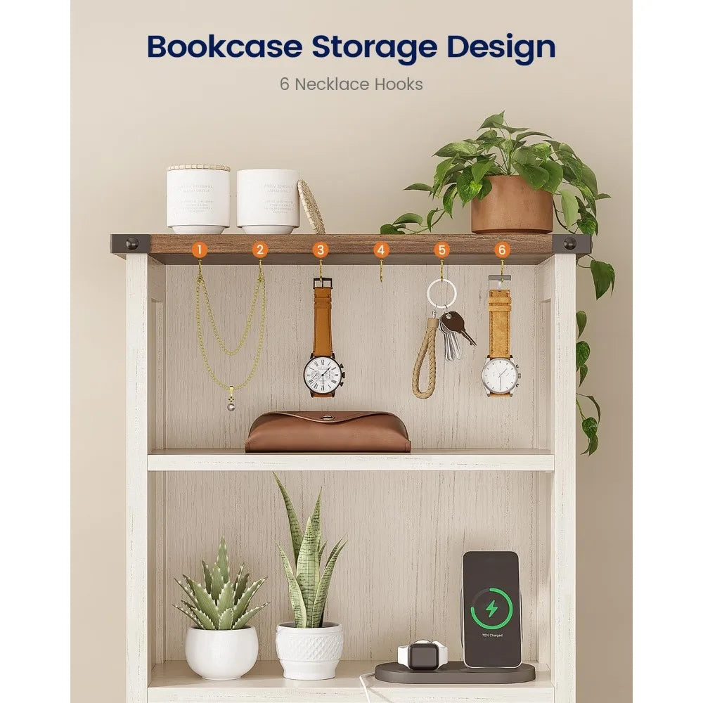 Tall Nightstand with Charging Station and 2 Drawers, LED with Bookshelf