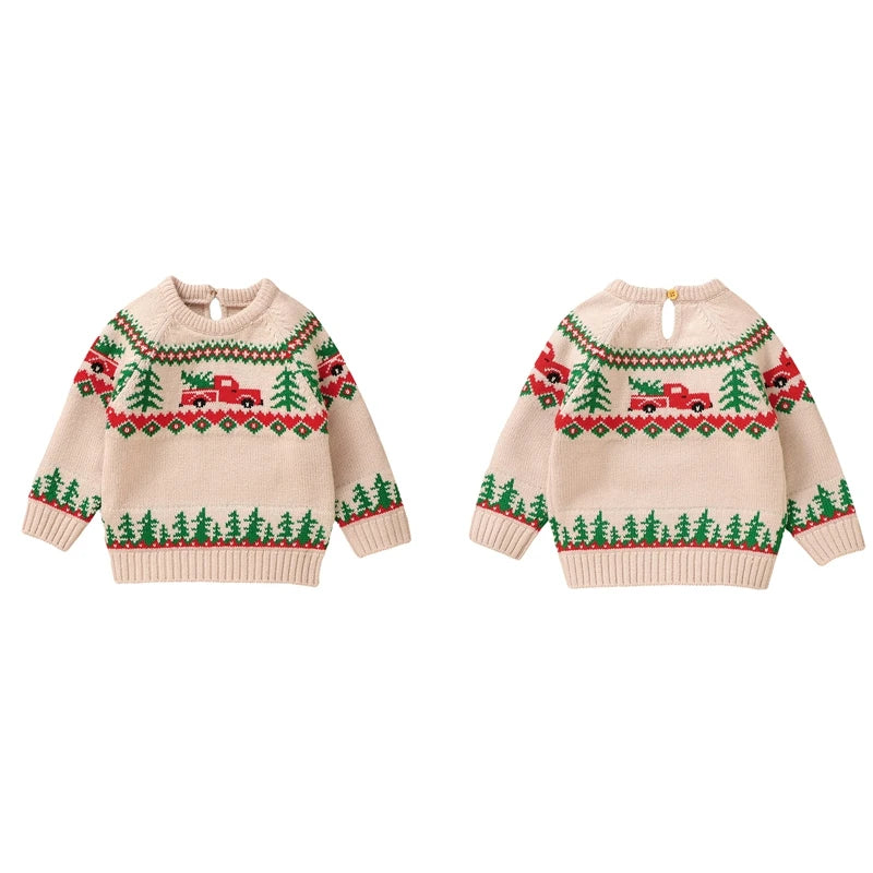 9 MO-3T Boy Christmas Sweater, Round Neck, Truck Print Knit Pullover