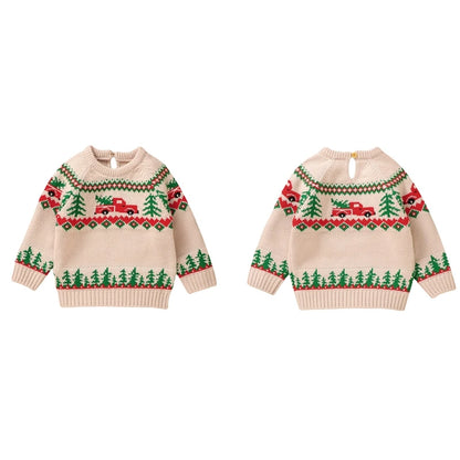 9 MO-3T Boy Christmas Sweater, Round Neck, Truck Print Knit Pullover