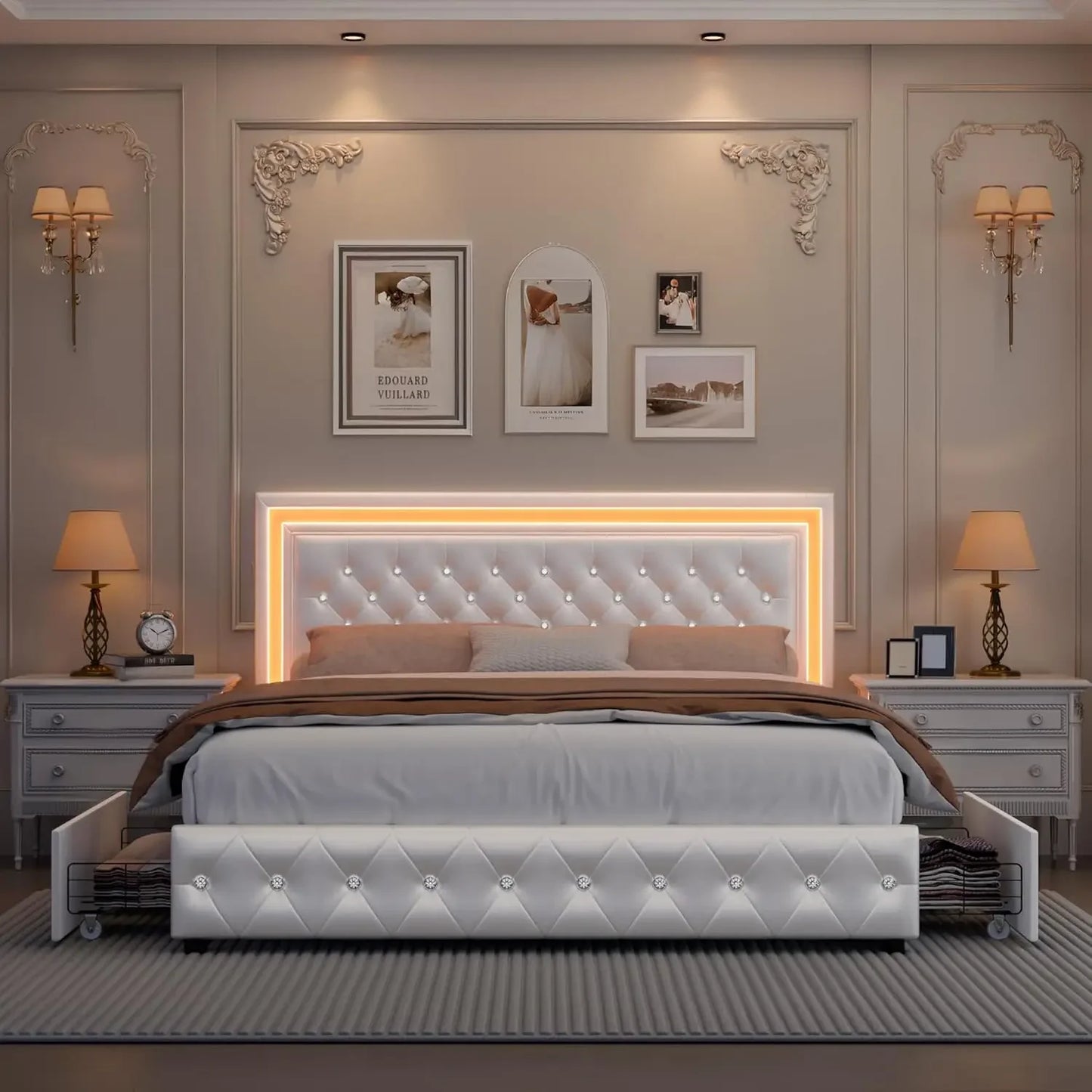 LED Upholstered Bed Frame with 4 Drawers | Adjustable Diamond Headboard • Wooden Slats • No Box Spring needed