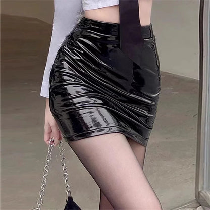 Women's Sexy Slim Pencil Skirt, Pu Leather Bodycon Shiny Black Short Skirt,  Classic High Waisted