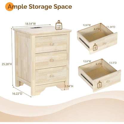 Set 2, 18.54" W Nightstand with Charging Station, 3 Drawer side stands,