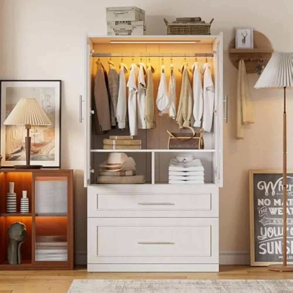 71" 2 Doors Armoire Wardrobe Closet with 2 Drawers and LED