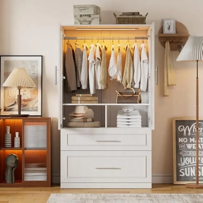 71" 2 Doors Armoire Wardrobe Closet with 2 Drawers and LED