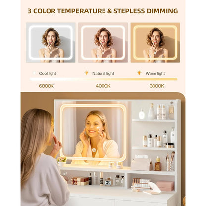 Makeup Vanity  35.4'Wx15.7'Dx53.9'H (Smart LED Mirror, Open Shelves, with Cushion Stool, 4 Drawers, Hairdryer Rack,