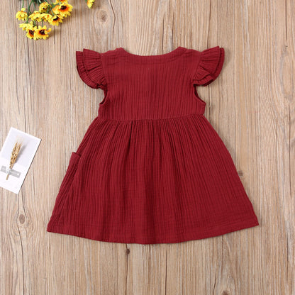2020-03-31 Lioraitiin 0-6Years Toddler Kid Baby Girl Summer Dress Ruffles Sleeves Cotton Button Pocket Dress Sundress Clothes
