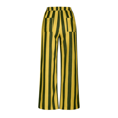 Women Casual Baggy Trousers, Striped Color Blocking, High Waist, Wide Leg, Pockets