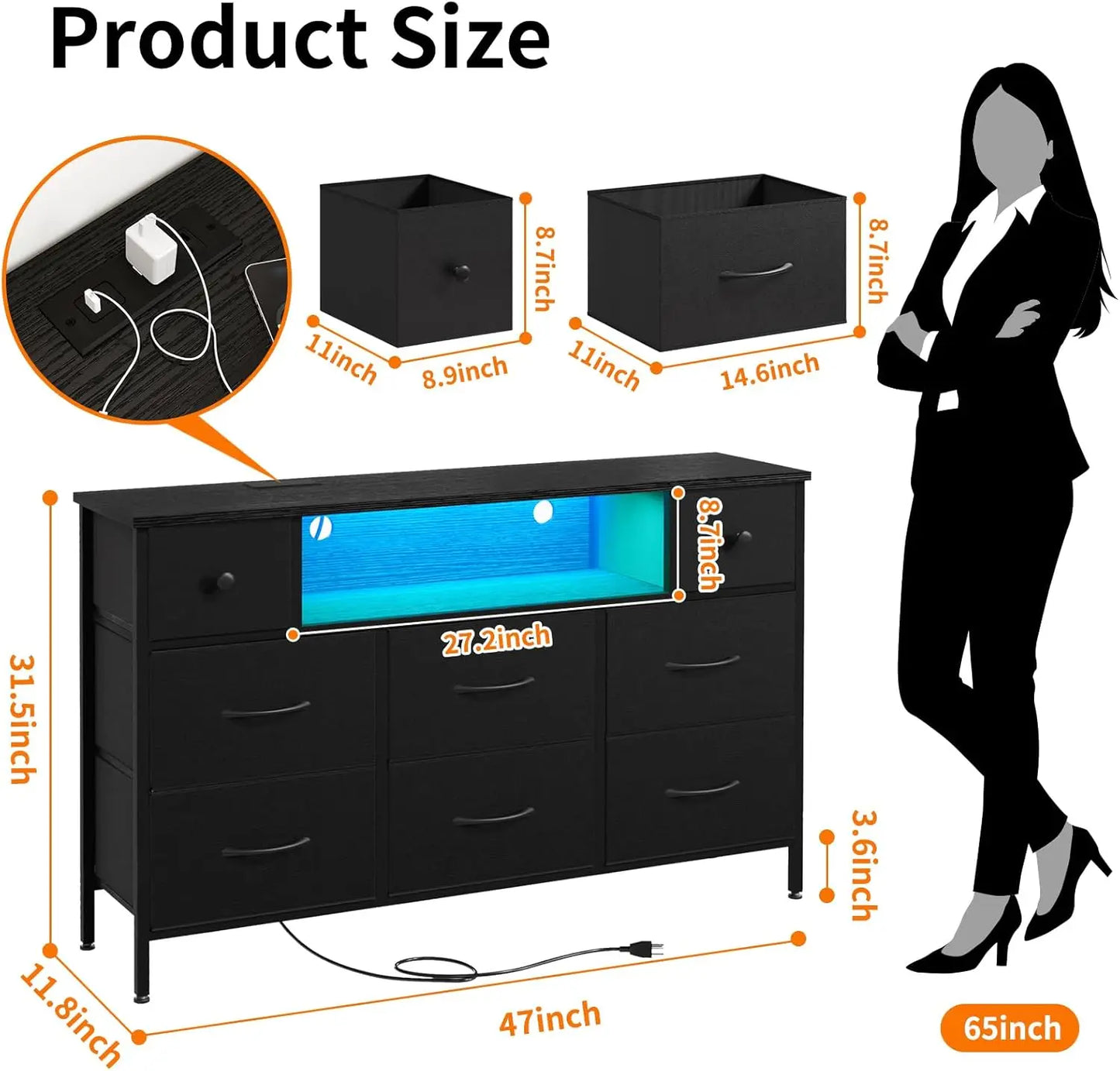 Black 55" TV Stand with 8 Drawers, Fabric Chest of Drawers, Power Outlets and LED Lights