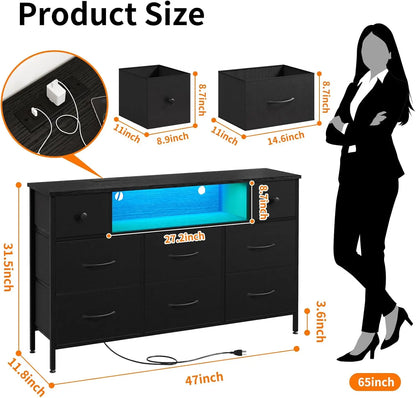 Black 55" TV Stand with 8 Drawers, Fabric Chest of Drawers, Power Outlets and LED Lights