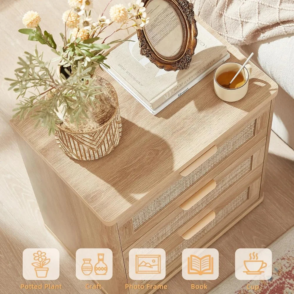 Set of 2, 23" Large 3 Drawer Sidestand, Natural Wood