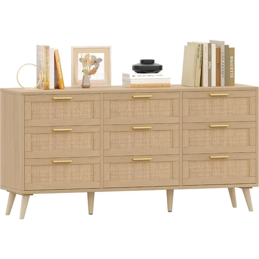9 Drawer Double Dresser with Golden Handles